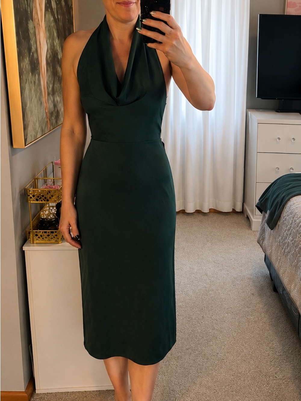 Liv Foster Emerald Green Halter Cowl Neck Midi Dress Size 2 Open Back